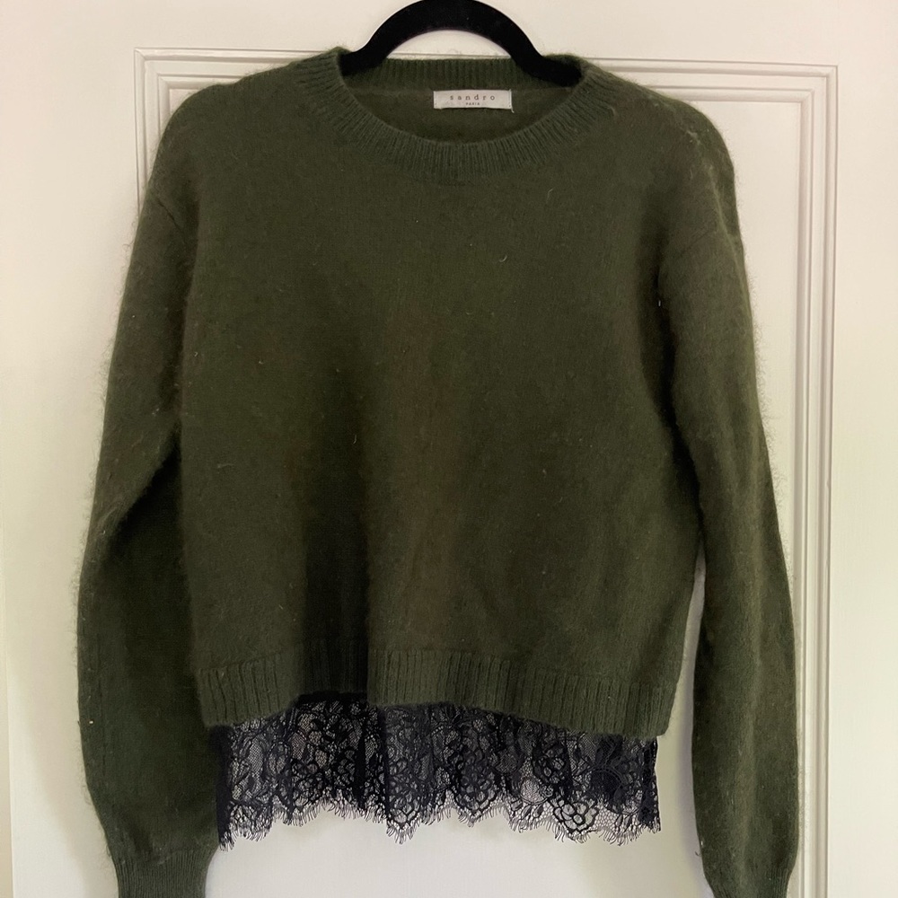 Sandro Paris Green Sweater with Lace. Size small